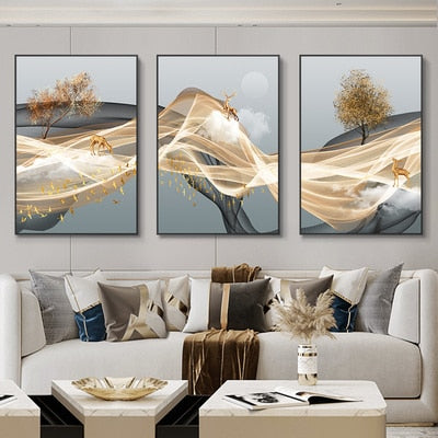 Buy Art Prints: 3 Pieces Nordic Luxury Ribbon Abstract Landscape