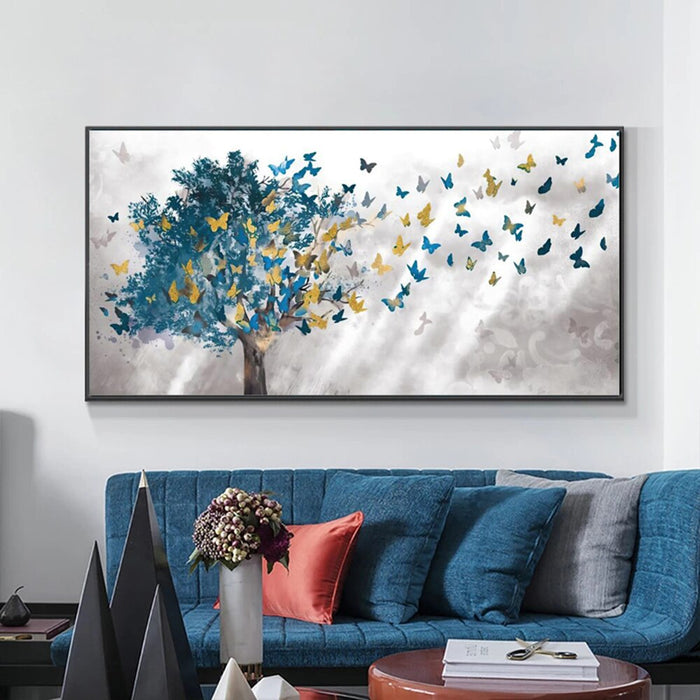 Buy Art Prints: Blue Tree Gold Butterfly Abstract Leaves Wall Art